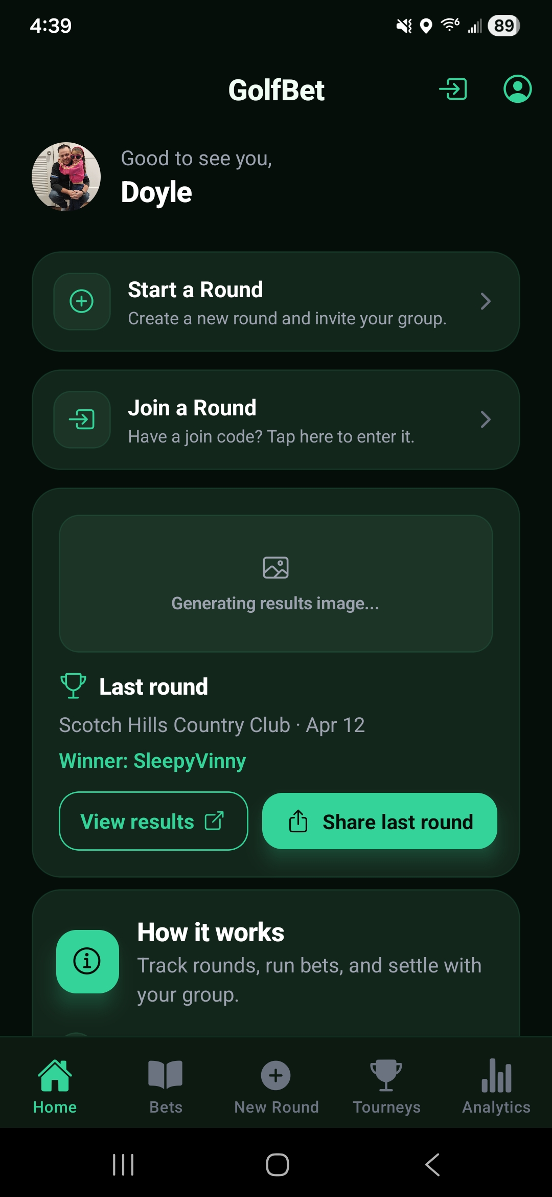 Home screen with Start a Round and Join a Round