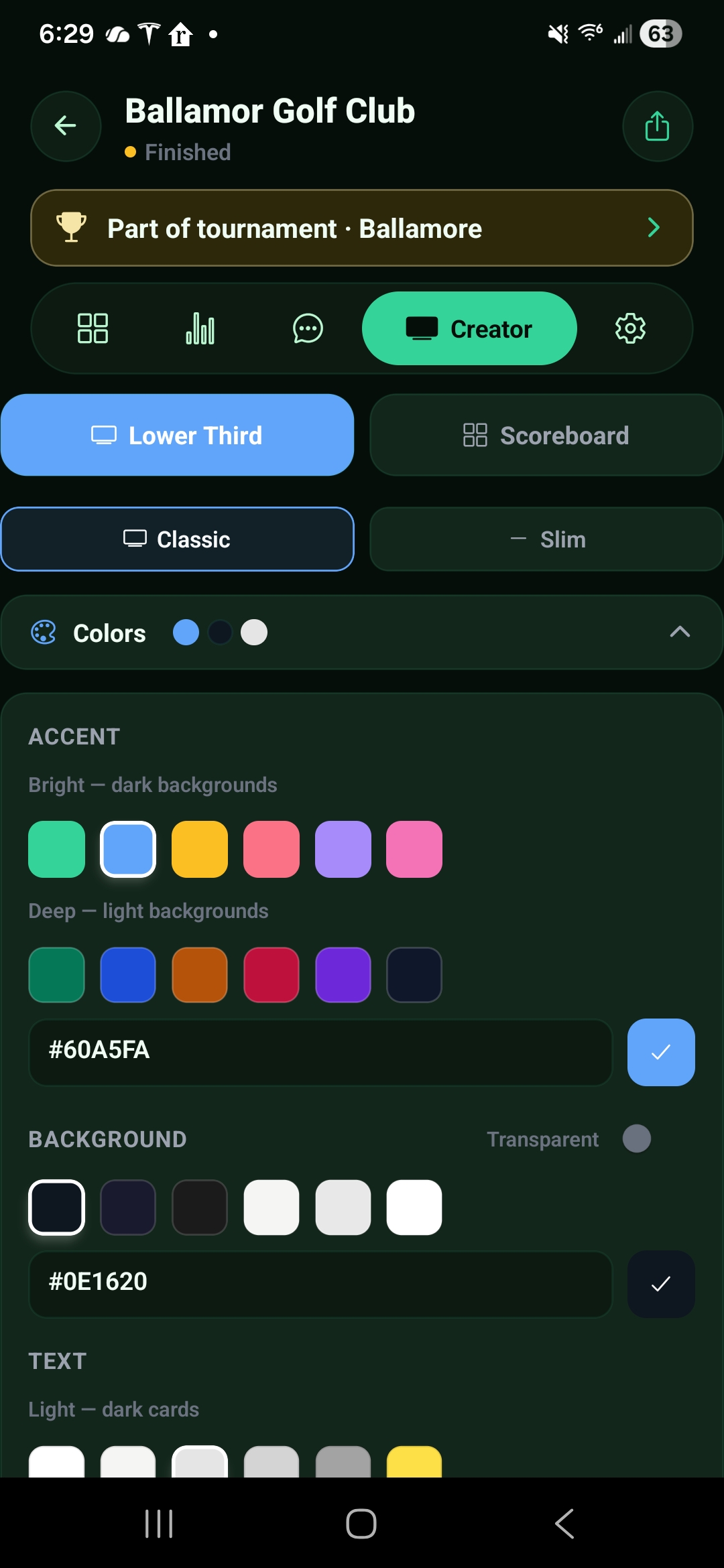 Creator — Colors panel with accent swatches, hex input, background presets, and transparent toggle