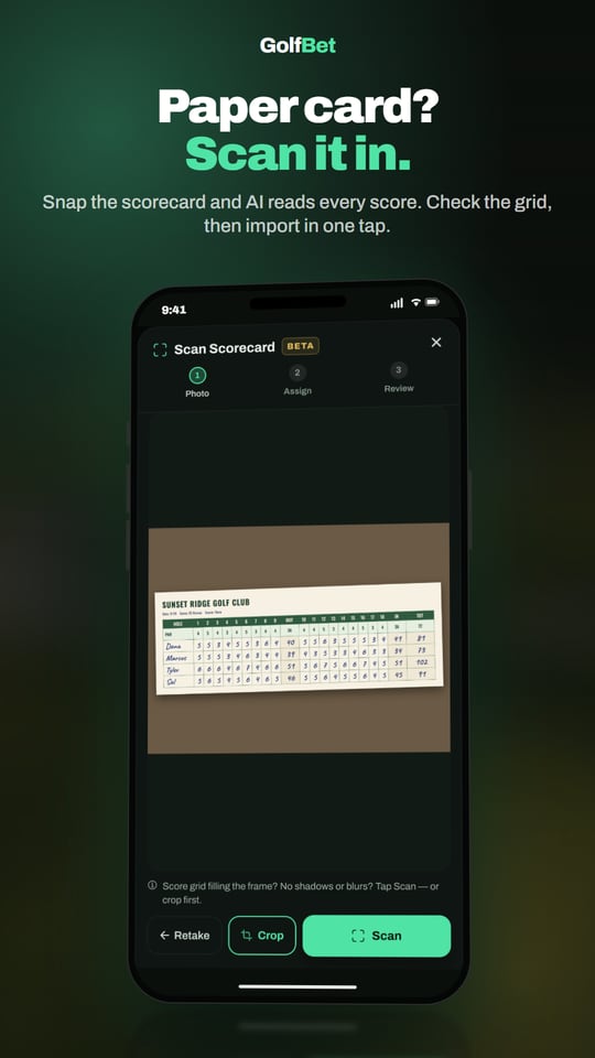Paper card? Scan it in. — Snap the scorecard and AI reads every score. Check the grid, then import in one tap.